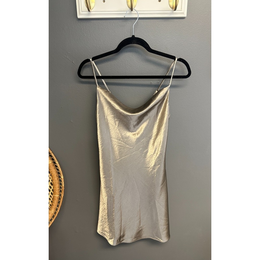 Halara Womens Small Metallic Satin Slip Dress Mini Champagne Gold Cowl Neck